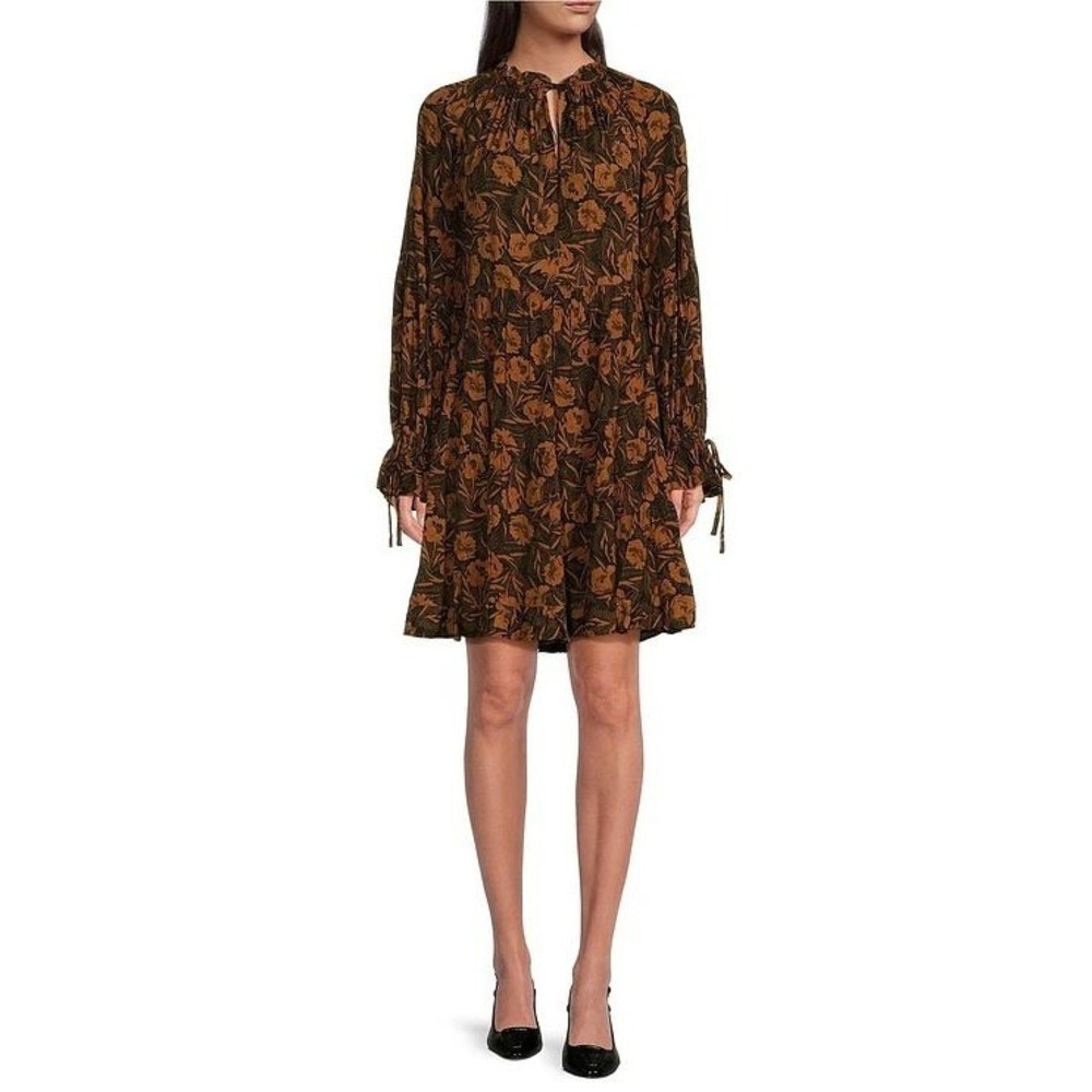 Gibson Latimer Dress Womens L Orange Brown Excellent Floral Tiered Boho Mini